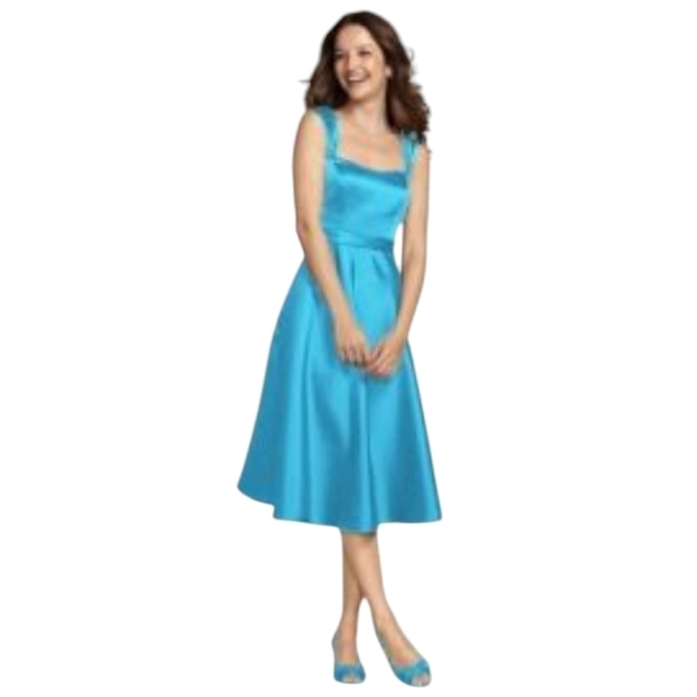 NWT David's Bridal Aqua Blue Wide Strap Tea Length Dress Size 10